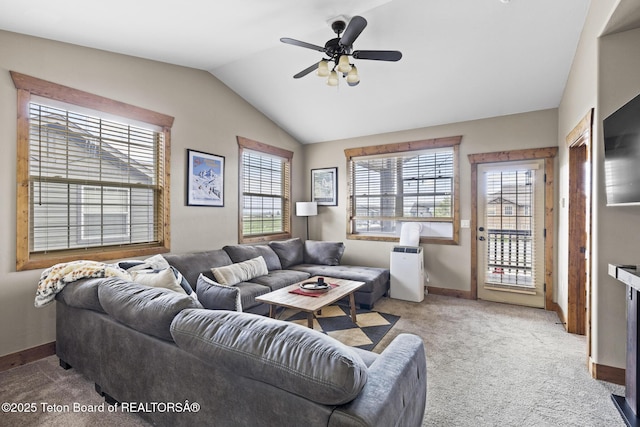 715 Moraine Ct Unit 36, Driggs, ID 83422 - carpeted living room featuring lofted ceiling and a ceiling fan