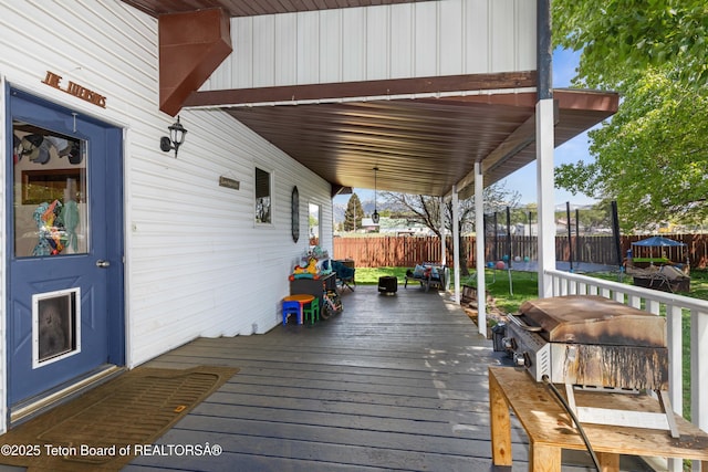 105 Heap Dr, Thayne, WY 83127 - wooden deck with a trampoline and a fenced backyard