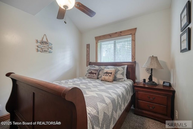 4770 Deer Dr, Island Park, ID 83429 - bedroom featuring lofted ceiling, ceiling fan, and carpet flooring