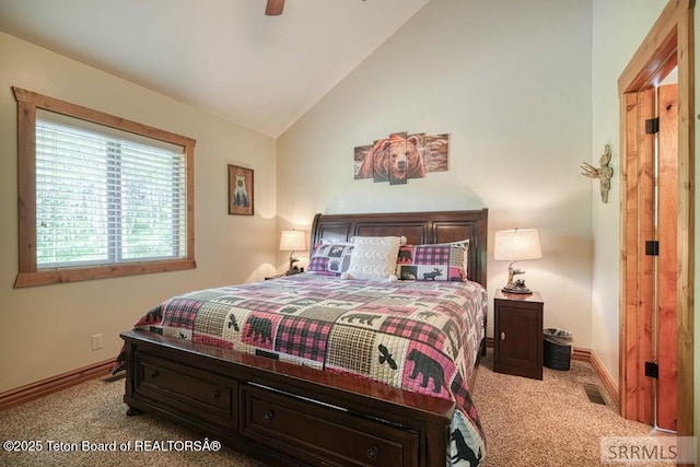 4770 Deer Dr, Island Park, ID 83429 - bedroom with carpet flooring, vaulted ceiling, baseboards, and ceiling fan