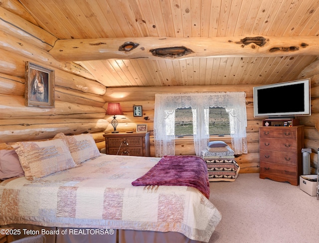 196 Soda Springs Dr, Dubois, WY 82513 - carpeted bedroom featuring rustic walls and a wooden ceiling with exposed beams