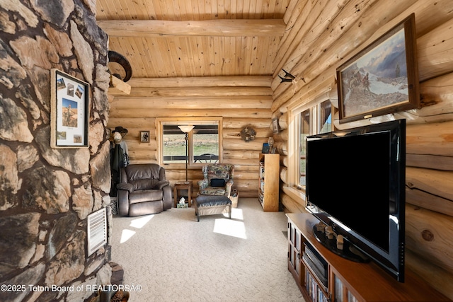 196 Soda Springs Dr, Dubois, WY 82513 - carpeted living area with wooden ceiling and rustic walls