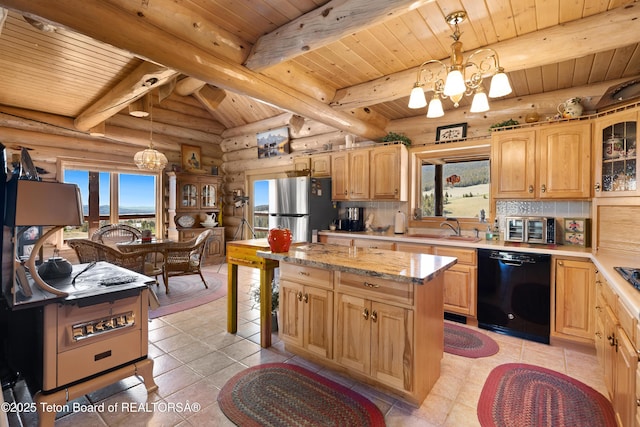 196 Soda Springs Dr, Dubois, WY 82513 - kitchen with a chandelier, black dishwasher, log walls, freestanding refrigerator, and a wood ceiling with exposed beams