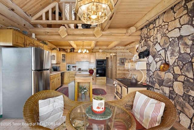 196 Soda Springs Dr, Dubois, WY 82513 - kitchen with a chandelier, black appliances, a kitchen island, light tile patterned floors, and wood ceiling