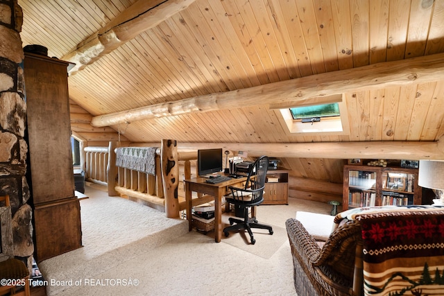 196 Soda Springs Dr, Dubois, WY 82513 - carpeted home office featuring log walls, a skylight, and wood ceiling