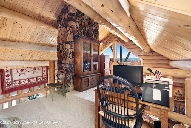 196 Soda Springs Dr, Dubois, WY 82513 - carpeted office space featuring log walls and wood ceiling