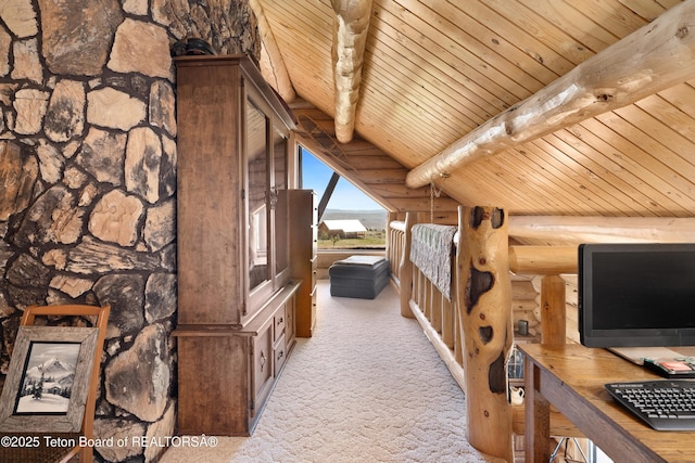 196 Soda Springs Dr, Dubois, WY 82513 - hall with rustic walls, wood ceiling, and carpet floors