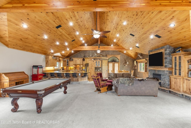 1255 Lost Crk, Thayne, WY 83127 - game room featuring carpet floors, vaulted ceiling, a fireplace, billiards, and a ceiling fan