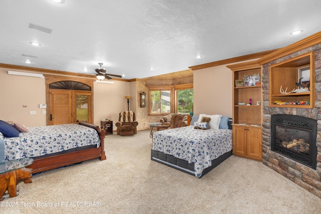 1255 Lost Crk, Thayne, WY 83127 - bedroom featuring light colored carpet, crown molding, recessed lighting, and a fireplace