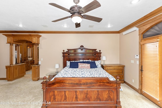 1255 Lost Crk, Thayne, WY 83127 - bedroom featuring light carpet, baseboards, crown molding, recessed lighting, and a ceiling fan