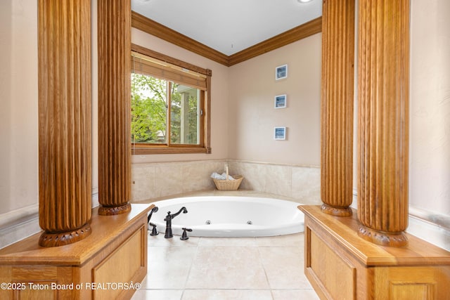 1255 Lost Crk, Thayne, WY 83127 - full bath with a jetted tub, crown molding, and tile patterned floors