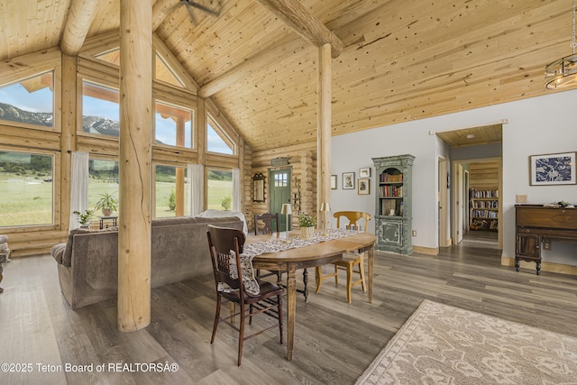 105 Elk Path, Swan Valley, ID 83428 - dining space with wooden ceiling with exposed beams, high vaulted ceiling, and wood finished floors