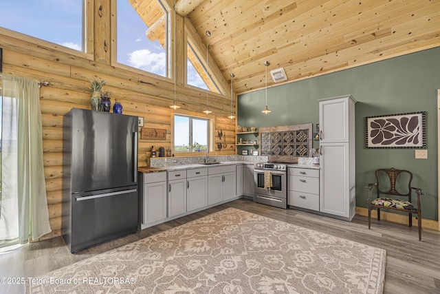 105 Elk Path, Swan Valley, ID 83428 - kitchen with stainless steel appliances, log walls, a sink, high vaulted ceiling, and wood ceiling