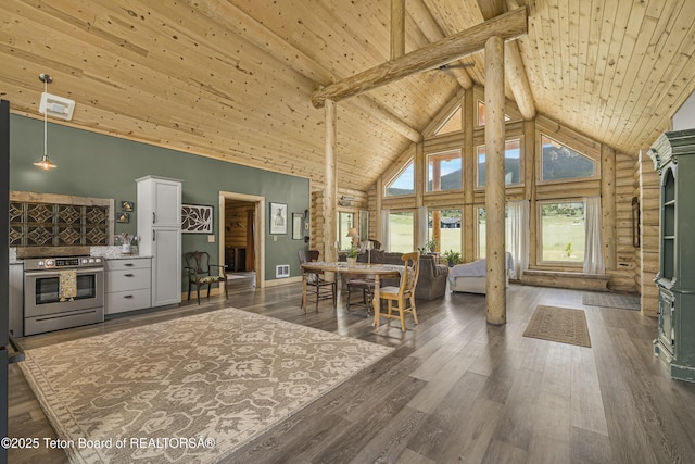 105 Elk Path, Swan Valley, ID 83428 - dining room with wood ceiling with exposed beams, rustic walls, high vaulted ceiling, and dark wood-style floors