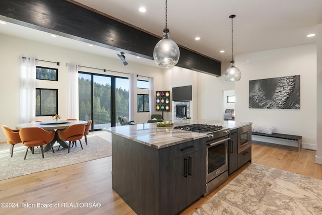 5170 Meandering Moose Dr, Victor, ID 83455 - kitchen featuring stainless steel appliances, open floor plan, recessed lighting, light wood-type flooring, and hanging light fixtures