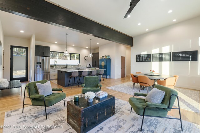 5170 Meandering Moose Dr, Victor, ID 83455 - living room with recessed lighting, light wood-style floors, and baseboards