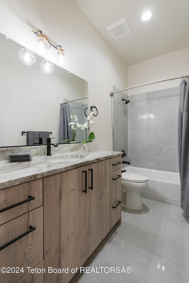 5170 Meandering Moose Dr, Victor, ID 83455 - bathroom with vanity, shower / bath combo with shower curtain, toilet, and marble finish flooring