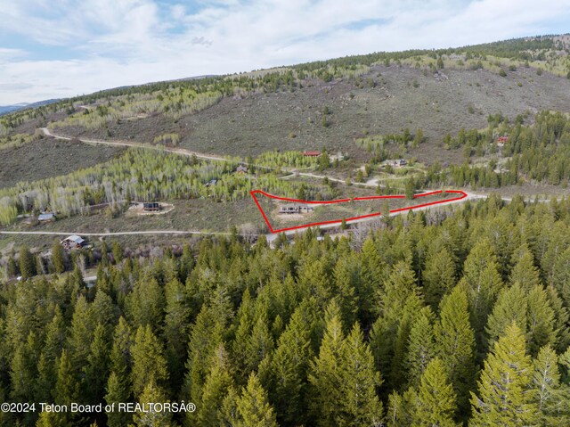 5170 Meandering Moose Dr, Victor, ID 83455 - aerial view of property and surrounding area with property boundaries highlighted, a heavily wooded area, and mountains
