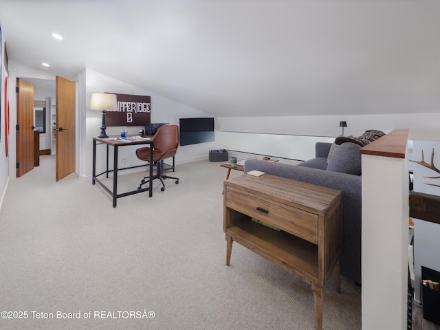 7280 N Rachel Way Unit B-7, Teton Village, WY 83025 - carpeted home office featuring vaulted ceiling and recessed lighting