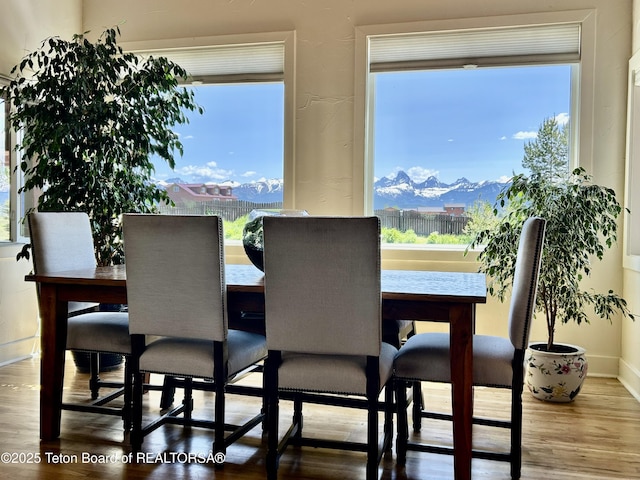 1890 Leigh Creek Ests, Tetonia, ID 83452 - dining space with wood finished floors, healthy amount of natural light, a mountain view, and baseboards