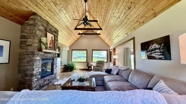 1890 Leigh Creek Ests, Tetonia, ID 83452 - living room featuring a stone fireplace, wood ceiling, ceiling fan, lofted ceiling, and wood finished floors