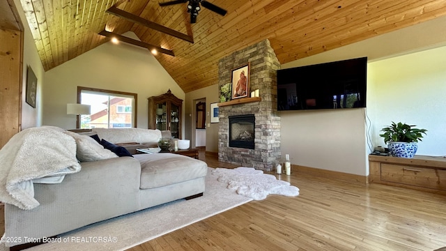 1890 Leigh Creek Ests, Tetonia, ID 83452 - living area with wood ceiling with exposed beams, a fireplace, ceiling fan, wood finished floors, and high vaulted ceiling