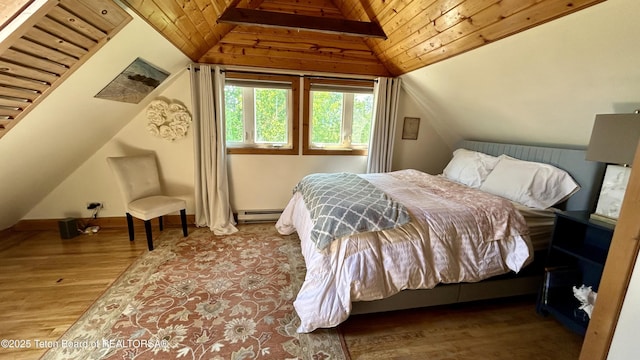 1890 Leigh Creek Ests, Tetonia, ID 83452 - bedroom with a baseboard radiator, wooden ceiling, vaulted ceiling, wood finished floors, and baseboards