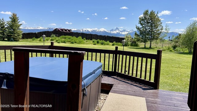 1890 Leigh Creek Ests, Tetonia, ID 83452 - wooden deck featuring a mountain view, a lawn, and a hot tub