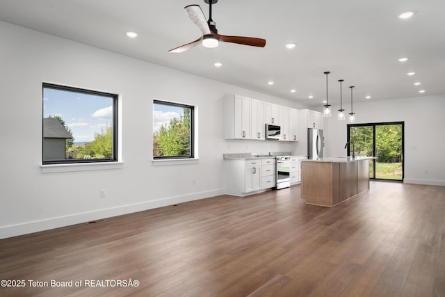 833 Booshway St, Driggs, ID 83422 - kitchen with appliances with stainless steel finishes, open floor plan, baseboards, a center island, and dark wood-type flooring