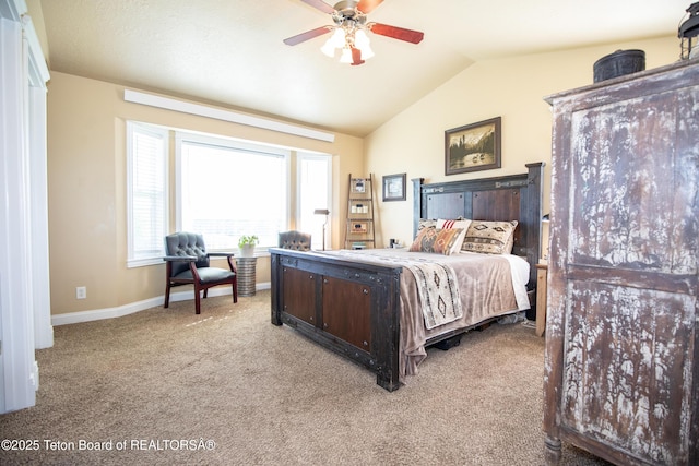 28 Brushwood Dr, Star Valley Ranch, WY 83127 - bedroom with vaulted ceiling, light carpet, baseboards, and ceiling fan