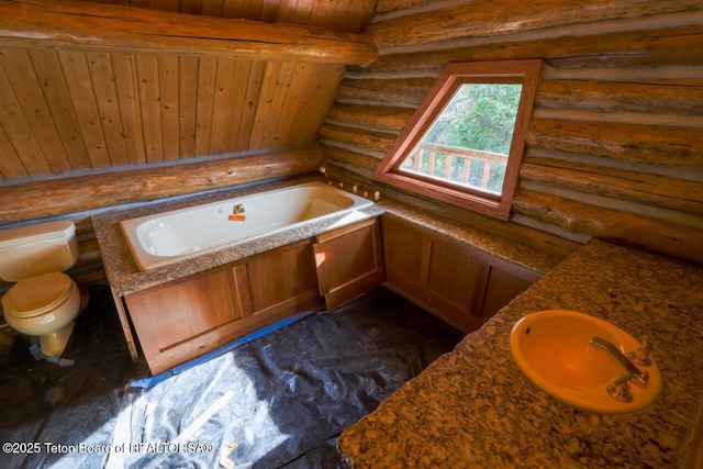 3392 Bainbridge Dr, Tetonia, ID 83452 - full bathroom featuring a garden tub, rustic walls, vanity, and wood ceiling