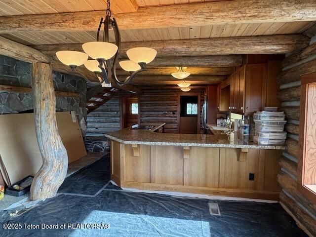 3392 Bainbridge Dr, Tetonia, ID 83452 - kitchen featuring log walls, a wooden ceiling with exposed beams, fridge, and a peninsula