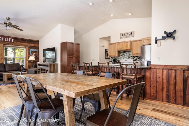 485 E Little Ave, Driggs, ID 83422 - dining area with light wood-style flooring, a ceiling fan, lofted ceiling, and a textured ceiling