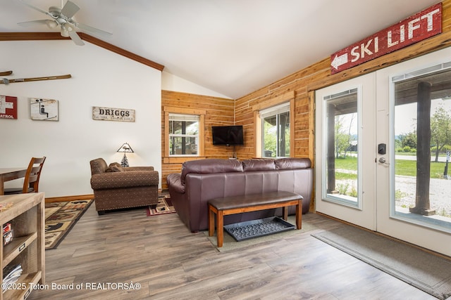 485 E Little Ave, Driggs, ID 83422 - living room featuring lofted ceiling, plenty of natural light, ceiling fan, and wood finished floors