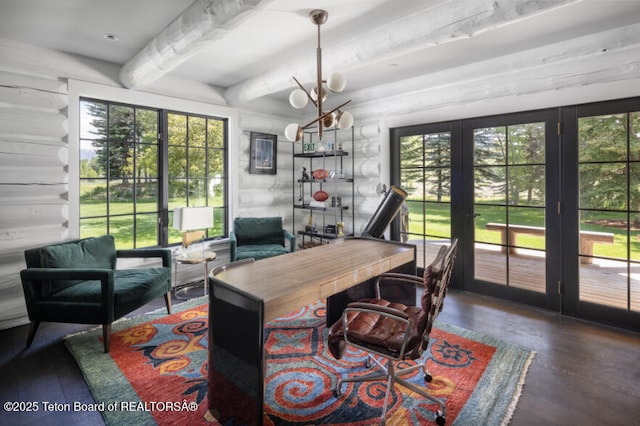 185 S Swan Rd, Jackson, WY 83001 - office area with healthy amount of natural light, wood finished floors, beam ceiling, and a chandelier