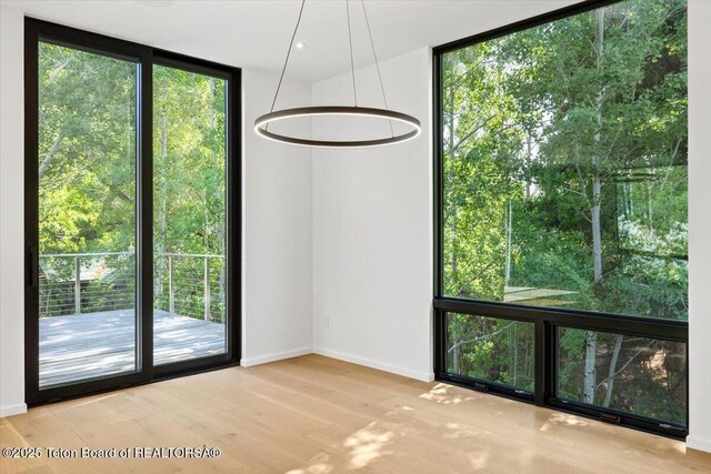 80 Rancher St, Jackson, WY 83001 - unfurnished dining area with a wall of windows, plenty of natural light, wood finished floors, and baseboards
