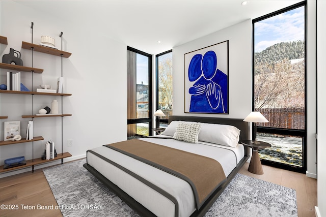 80 Rancher St, Jackson, WY 83001 - bedroom featuring floor to ceiling windows, wood finished floors, and a mountain view