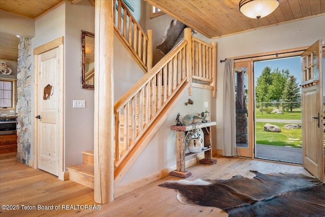 2321 S 3500 W, Driggs, ID 83422 - entrance foyer featuring wooden ceiling, stairway, and wood-type flooring