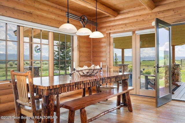 2321 S 3500 W, Driggs, ID 83422 - dining room featuring a wood ceiling with exposed beams, light wood finished floors, a mountain view, and plenty of natural light
