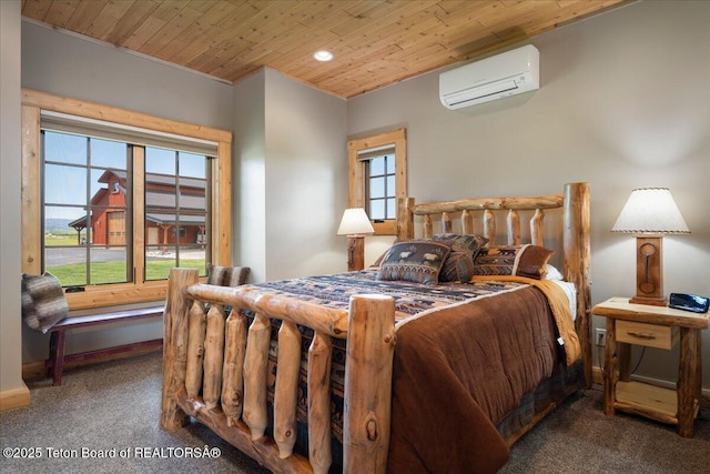 2321 S 3500 W, Driggs, ID 83422 - bedroom with a wall unit AC, carpet flooring, wooden ceiling, and recessed lighting
