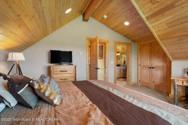 2321 S 3500 W, Driggs, ID 83422 - bedroom with wooden ceiling, carpet floors, recessed lighting, and connected bathroom