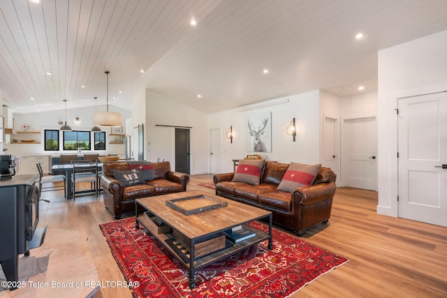 4326 State Line Rd, Freedom, WY 83120 - living room featuring vaulted ceiling, light wood-style floors, recessed lighting, and wooden ceiling