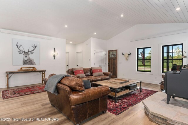 4326 State Line Rd, Freedom, WY 83120 - living room featuring lofted ceiling, light wood finished floors, and recessed lighting