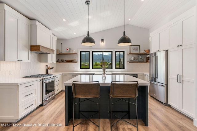 4326 State Line Rd, Freedom, WY 83120 - kitchen with open shelves, high end appliances, light countertops, light wood-style floors, and vaulted ceiling