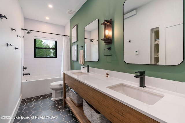 4326 State Line Rd, Freedom, WY 83120 - full bathroom featuring shower / bath combo with shower curtain, double vanity, tile patterned flooring, and recessed lighting