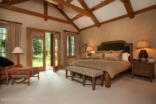 bedroom with beam ceiling, carpet floors, high vaulted ceiling, and access to exterior