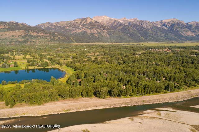 mountain view with a nearby body of water and a forest