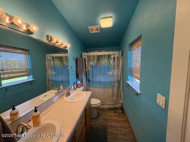 89 W W St, Star Valley Ranch, WY 83127 - full bath featuring wood finished floors, double vanity, toilet, and curtained shower