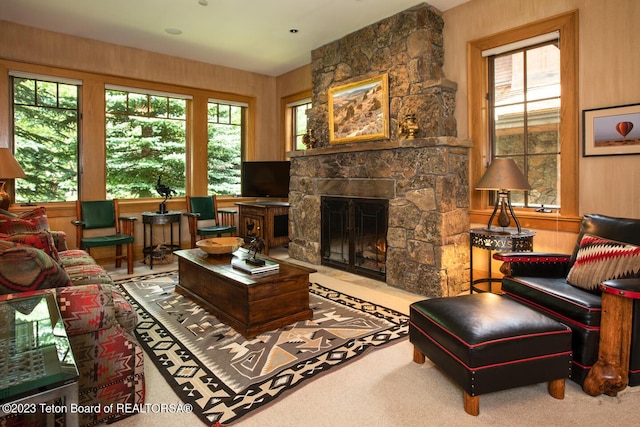 living room with a stone fireplace