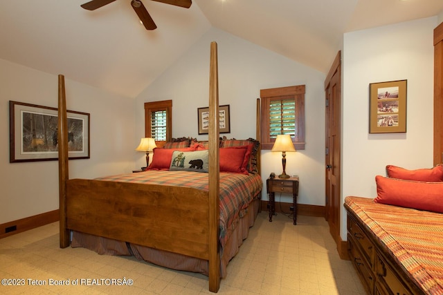 bedroom with light floors, baseboards, vaulted ceiling, and ceiling fan